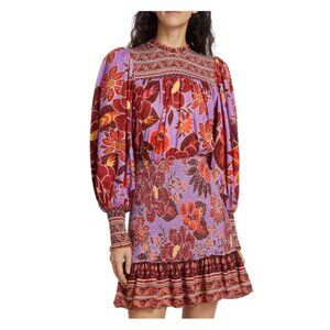 New Farm Rio Smocked Sweet Floral Lilac Long Sleeve  Minidress Size XS $248 /177